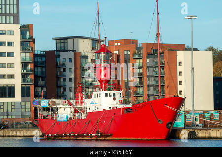 Feuerschiff, die einst für Pirate radio verwendet wurde, Neptune Quay, Ipswich, Suffolk, Großbritannien. Stockfoto