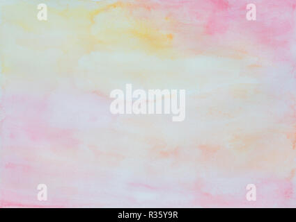 Abstrakte Licht Aquarell Hintergrund in Pink, Gelb und Orange mit Aquarell Flecken und Papier Textur. Stockfoto