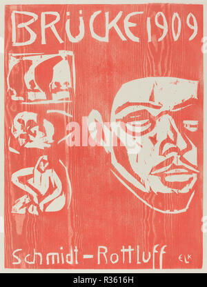 Abdeckung der vierte Jahrbuch der Künstlergruppe die Brucke. Stand: 1909. Medium: Holzschnitt in Rot. Museum: Nationalgalerie, Washington DC. Autor: ERNST LUDWIG KIRCHNER. Stockfoto