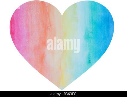 Herzform Hand mit Wasserfarben in Regenbogenfarben bemalt. Es hat Flecken und aquarell papier Textur. Auf weissem Hintergrund. Stockfoto