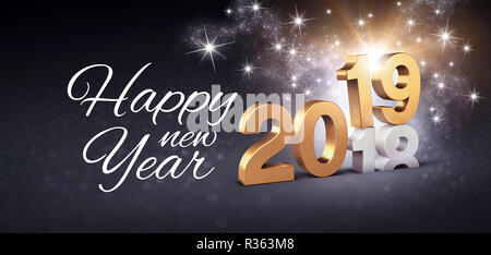 Grüße und Frohes Neues Jahr Datum Anzahl 2019 farbige in Gold, über dem Jahr 2018 endet, glitzernde auf einer festlichen schwarzen Hintergrund - 3D-Darstellung Stockfoto