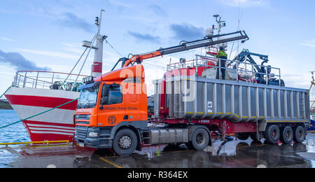 Deep sea Trawler offloading ihren Fang durch Pumpen in die wartenden Lkw Baltimore West Cork Irland Stockfoto