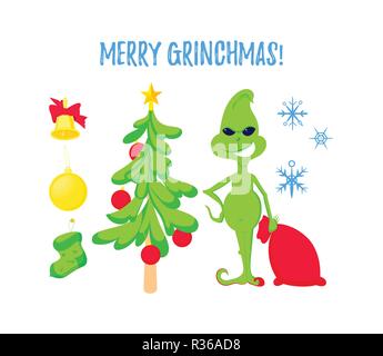 Weihnachten Zeichensatz. Xmas Tree, Strümpfe, Kniestrümpfe, Socken, Bälle, Bell und Grünen elf Stock Vektor