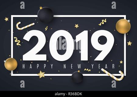 Frohes neues Jahr 2019. Weihnachten goldene Kugeln. Konfetti mit Serpentine. Goldene Sterne und Lutscher. Spielzeug auf dem Board. Web Banner. Vector Illustration. Stock Vektor