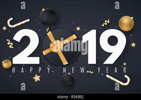 Frohes neues Jahr 2019. Weihnachten goldene Kugeln. Geschenkbox mit Klebeband. Konfetti mit Serpentine. Goldene Sterne und Lutscher. Spielzeug auf dem Board. Web Banner. Stock Vektor