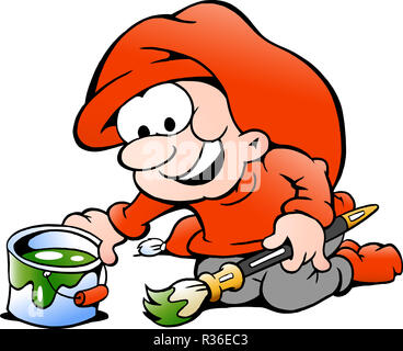 Handgezeichnete Vektor-Illustration eines Elfen mit Farbeimer und Pinsel Stockfoto