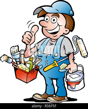 Handgezeichnete Vektor-Illustration ein happy Maler-Handwerker, Daumen aufgeben Stockfoto