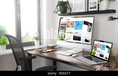 Schwarz und Weiß Home Office mit reaktionsschnellen Geräte Portfolio 3D-Rendering Stockfoto