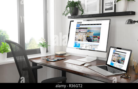 Schwarz und Weiß Home Office mit reaktionsschnellen Geräte e-Magazin 3D-Rendering Stockfoto
