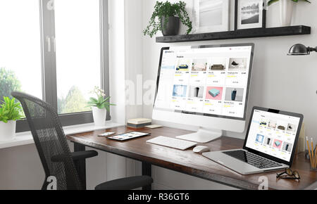 Schwarz und Weiß Home Office mit reaktionsschnellen Geräte 3D-Rendering Stockfoto