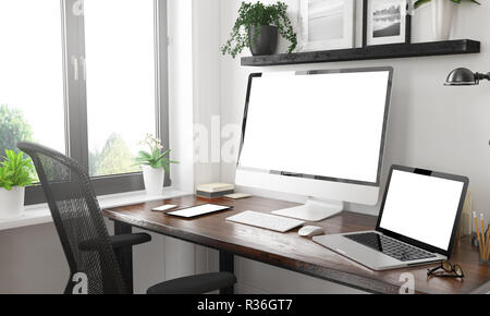 Schwarz und Weiß Home Office mit reaktionsschnellen Geräte 3D-Rendering Stockfoto