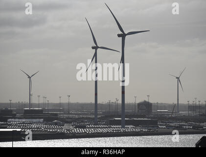 Oktober 23, 2018 - Zeebrugge, Belgien: Blick auf den Hafen von Zeebrugge, größte Auto terminal der Welt, bereitet sich gegenwärtig auf eine harte Brexit. Vue d'ensemble du Port de Bruges-Zeebruges. Il s'agit du Premier Port mondial dans le domaine de l'Automobile, avec Le chargement de Pres de 2,8 millions de vehicules, nicht 900.000 ein Ziel du Royaume-Uni. *** Frankreich/KEINE VERKÄUFE IN DEN FRANZÖSISCHEN MEDIEN *** Stockfoto