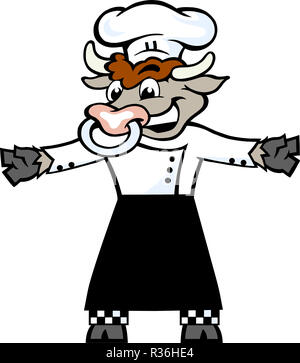 Handgezeichneten Vector Illustration eines glücklichen Bull Chef stehen und Willkommen Stockfoto