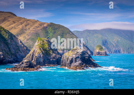 Cook Strait, Neuseeland: Blick von der Fähre, die Kreuzungen zwischen dem Norden und dem Süden der Insel in den Marlborough Sound. Die felsigen Klippen Kaffee Stockfoto