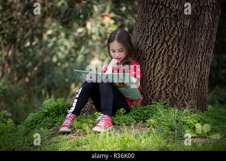 Mädchen Lesen eines Buches sitzt unter einem Baum im park Stockfoto