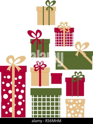 Haufen bunt verpackte Geschenkboxen. Berg Geschenke. Schönes Geschenk Box mit überwältigenden Bug. Geschenkbox Symbol. Geschenk Symbol. Weihnachten Geschenk Box. Stock Vektor