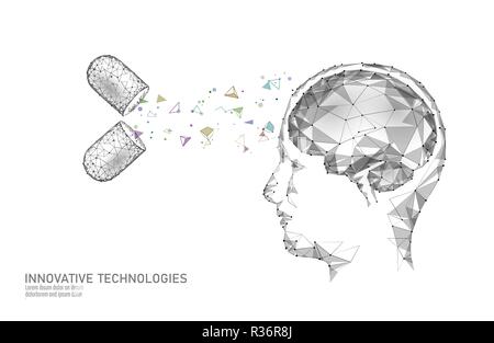Gehirn Behandlung Low Poly 3D-Render. Droge nootropische menschliche Fähigkeit Reizmittel smart der psychischen Gesundheit. Medizin kognitive Rehabilitation in Alzheimer und Demenz Patienten Vector Illustration Stock Vektor