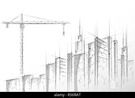 Low Poly Gebäude im Bau kran. Die industrielle Moderne Technologie für Unternehmen. Abstrakte polygonalen geometrischen 3D-Stadtbild städtischen Silhouette. Hoher Turm Wolkenkratzer weiß grau Vector Illustration Stock Vektor