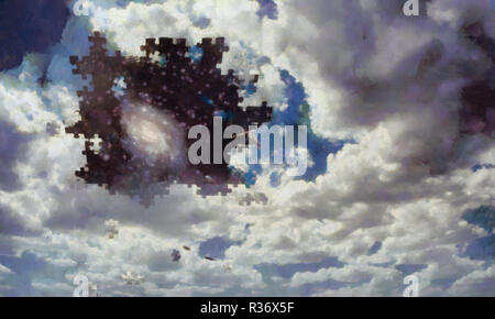 Surreale digitaler Kunst Wolken fallen auseinander auf einem Stück des Puzzles. Galaxy in starry Raum. Stockfoto