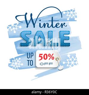 Winter Sale. Bunte Banner mit Blau gestrickt, Font, Preis und Vertrieb text auf Aquarell Hintergrund. Vector Illustration. Stock Vektor
