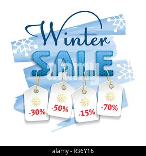 Winter Sale. Bunte Banner mit Blau gestrickt, Font, Preisschilder und Vertrieb text auf Aquarell Hintergrund. Vector Illustration. Stock Vektor