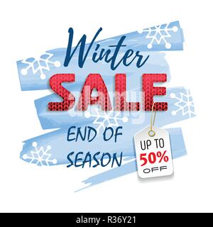 Winter Verkauf, am Ende der Saison. Bunte Banner mit Rot gestrickt, Font, Preis und Vertrieb text auf Aquarell Hintergrund. Vector Illustration. Stock Vektor