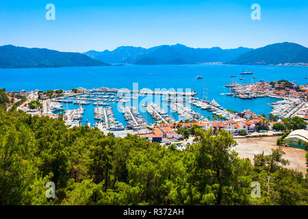 Marmaris Hafen mit Yachten Antenne Panoramaaussicht in der Türkei Stockfoto