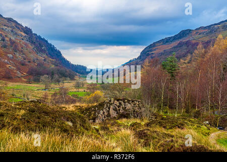 Das Tal hinunter laufen von watendlath in Richtung Borrowdale und Derwent Water in der Lake District National Park Stockfoto