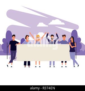 Menschen mit Plakaten einer Gruppe mit parkscape in brushprint Vector Illustration graphic design Stock Vektor