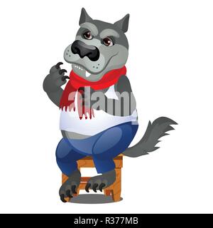 Grauer Wolf sitzen auf einem hölzernen Schemel auf weißem Hintergrund animiert. Vektor cartoon Close-up Abbildung. Stock Vektor