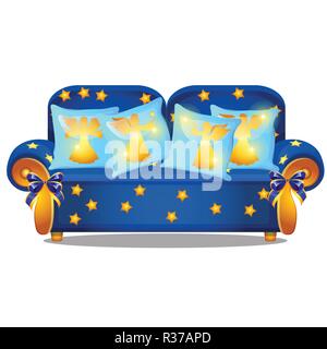 Blaues Sofa mit Armlehnen und ein Ornament in Form von gelben Sternen auf einem weißen Hintergrund. Set von Kissen mit Bild von Engeln, die Silhouetten. Vektor cartoon Close-up Abbildung. Stock Vektor