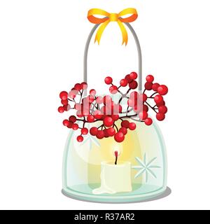 Dekoratives Element auf Thema von Weihnachten und das neue Jahr auf weißem Hintergrund. Glas transparent Lampe oder leuchtende Laterne mit Kerze. Skizze für Karte, Poster, Party Einladung. Vektor. Stock Vektor
