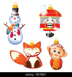 Skizze mit Christbaumschmuck unterschiedliche Formen auf weißem Hintergrund. Bunte festliche Glas Flitter. Vorlage von Poster, Einladung, andere Karte. Vektor cartoon Close-up Abbildung. Stock Vektor