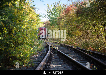 Alten Eisenbahnwaggon auf den Spuren im Gebüsch geparkt Stockfoto