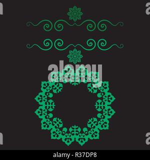 Dekorative Rahmen in Grün mit gekrümmten Vignette Linien mit grünen Sternen. Stock Vektor