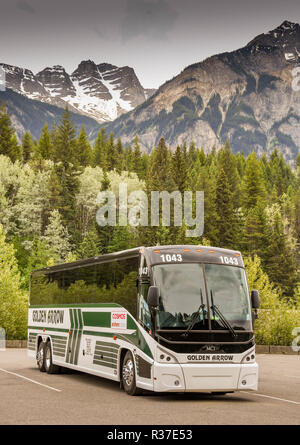 MOUNT ROBSON, BRITISH COLUMBIA, KANADA - JUNI 2018: Ausflug mit dem Bus in einen Parkplatz am Mount Robson Visitor Centre in Kanada geparkt. Stockfoto