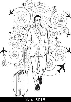 Geschäftsmann Gepäck am Flughafen. Line Art Illustration. Stock Vektor