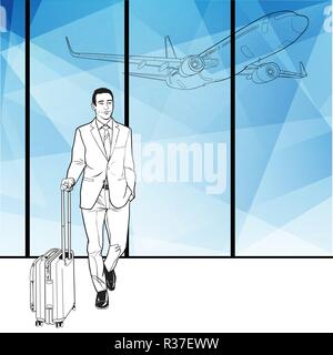 Business mit Gepäck am Flughafen. Line Art Illustration. Stock Vektor