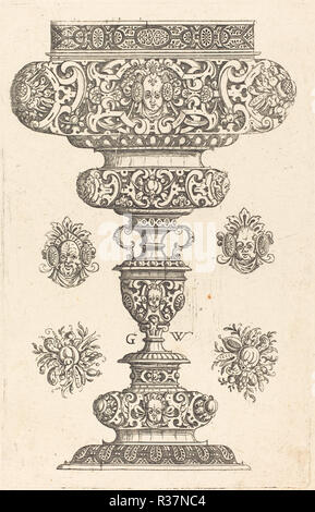 Becher, Rim mit Masque und Bukett von Früchten dekoriert. Vom: veröffentlicht 1579. Medium: Gravur. Museum: Nationalgalerie, Washington DC. Autor: Georg Wechter I. Stockfoto