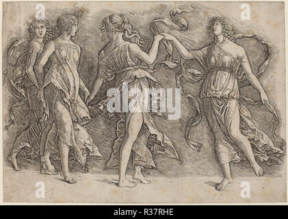 Vier Frauen tanzen. Vom: C. 1497. Maße: Blatt: 23,9 x 33,6 cm (9 5/6 x 13 1/4 in.). Medium: Gravur. Museum: Nationalgalerie, Washington DC. Thema: Werkstatt des Andrea Mantegna oder zu Zoan Andrea zugeschrieben. Stockfoto