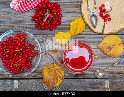 Tee aus frischen Beeren der viburnum in einem durchsichtigen Glas Schale, frischen roten Beeren auf einem grauen Holz- Tabelle, Ansicht von oben, Prävention und Behandlung von Erkältungskrankheiten Stockfoto