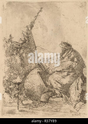 Der Philosoph sitzt, mit Globus, Buch, und Kompass. Medium: Radierung. Museum: Nationalgalerie, Washington DC. Autor: Giovanni Battista Tiepolo. Stockfoto