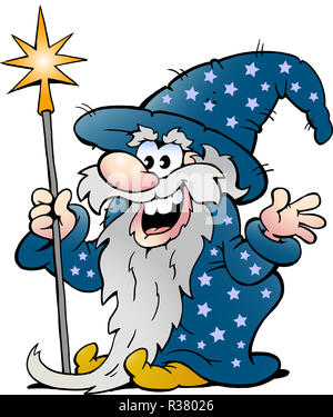 Vektor Cartoon Illustration eines glücklichen alten Zauberer Magic Man Stockfoto