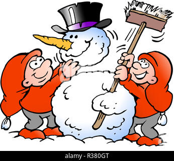 Vektor Cartoon Abbildung von zwei glückliche Elf machen einen großen Schneemann Stockfoto