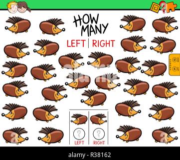 Cartoon Abbildung: Lernspiel Zählweise der Linken und Rechten orientierten Bilder für Kinder mit lustigen Igel Charakter Stock Vektor