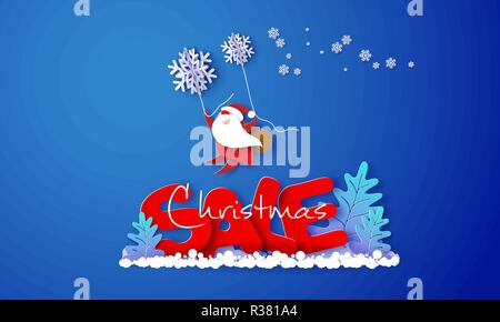 Weihnachten Werbung Design. Santa Claus fliegen mit Schneeflocken über große Buchstaben Verkauf auf Blau. Vektor Papier geschnitten Art Illustration für Promotion Banner, Header, Plakate, Aufkleber und Etiketten Stock Vektor