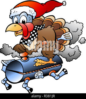 Cartoon Vector Illustration eines Weihnachten Thanksgiving Truthahn reiten ein BBQ Grill Zylinder Stockfoto