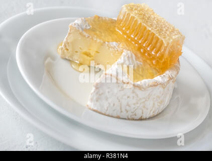 Camembert mit Waben auf dem weißen Teller Stockfoto