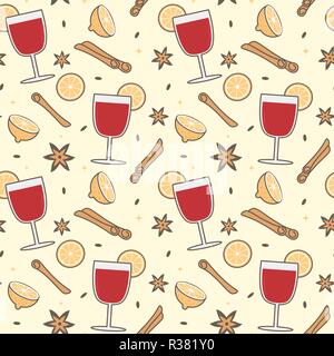 Cute nahtlose Vektor Muster Hintergrund Abbildung mit einem Glas Glühwein, Zimtstangen, Anis Sterne und orange Stock Vektor