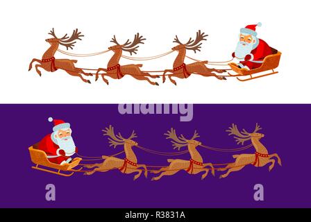 Funny Santa Claus ist Reiten in einem Pferdeschlitten. Weihnachten Konzept. Cartoon Vector Illustration Stock Vektor